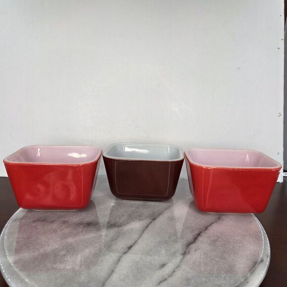Vintage Pyrex 501-B Refrigerator Dish Lot 3 Red Brown 1.5 Cup Made USA Opal - Picture 5 of 10